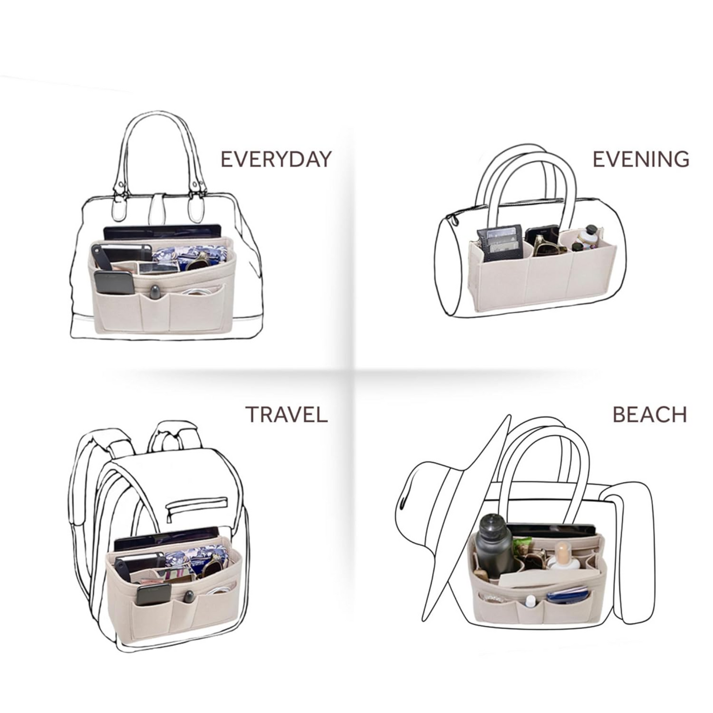 2-in-1 Handbag Organizer Insert – Lightweight Felt Tote Bag Organizer with Removable Pouch