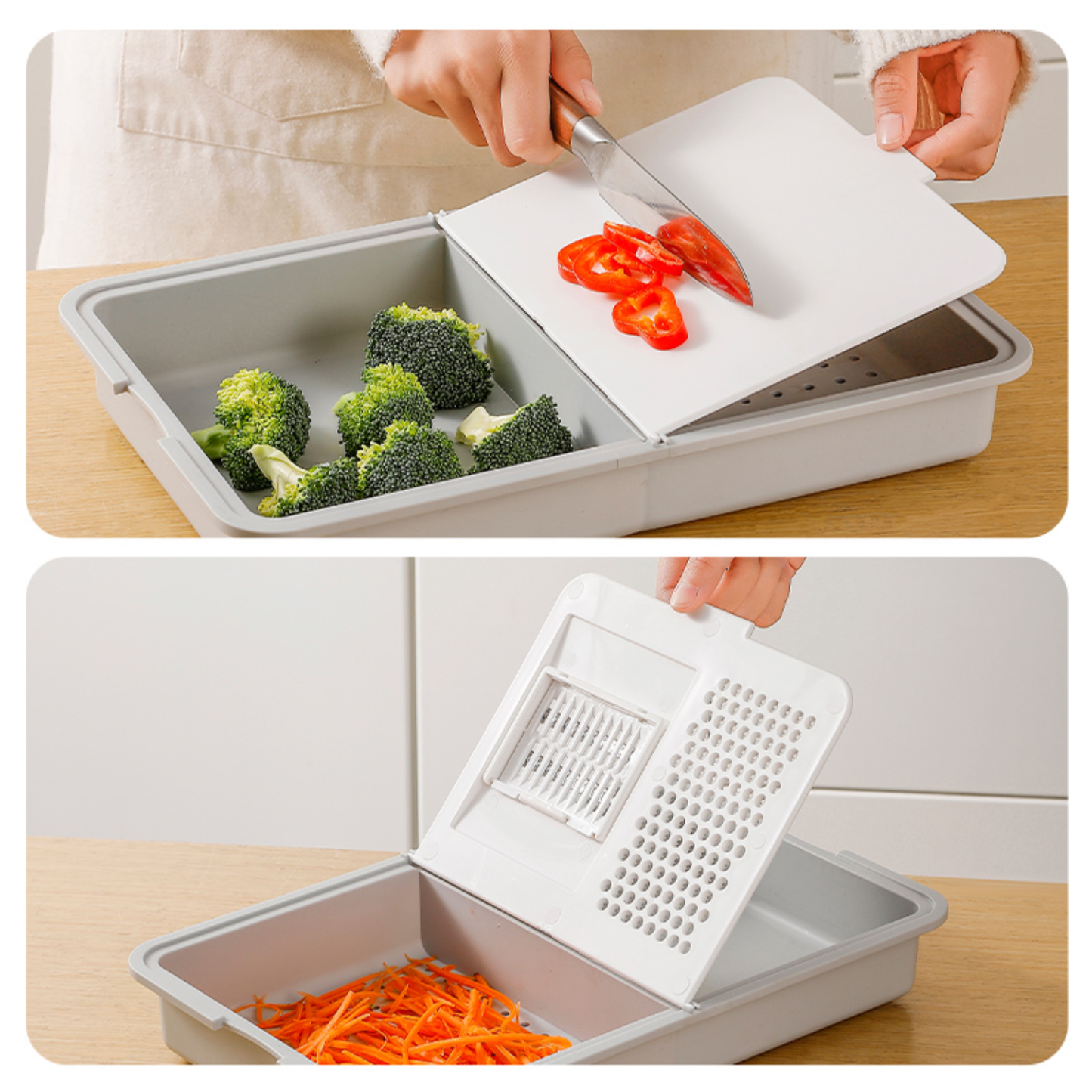 8-Piece Multifunctional Vegetable Chopper with Container – Adjustable Stainless Steel Blades, Drain Basket & Cutting Board (Grey + White)