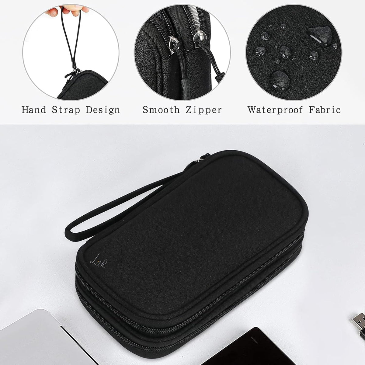 LITH Twin-Zip Tech Pouch – Compact Cable & Charger Organiser with Wrist Strap