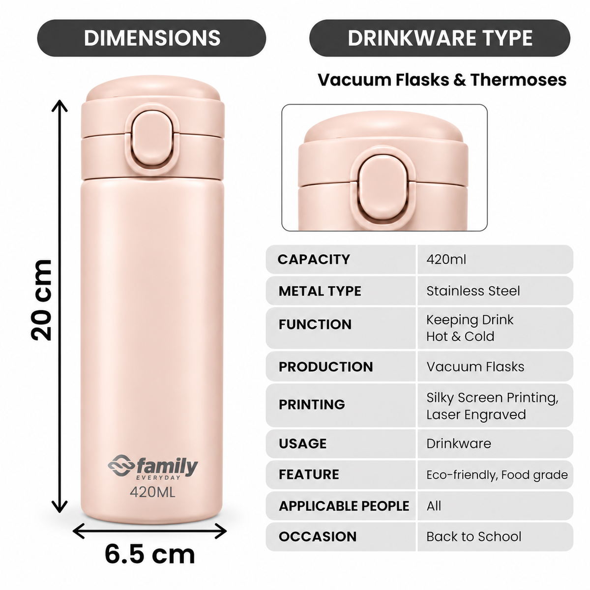 LITH 420ml Kids Insulated Water Bottle – Stainless Steel Flask with Push-Button Lid
