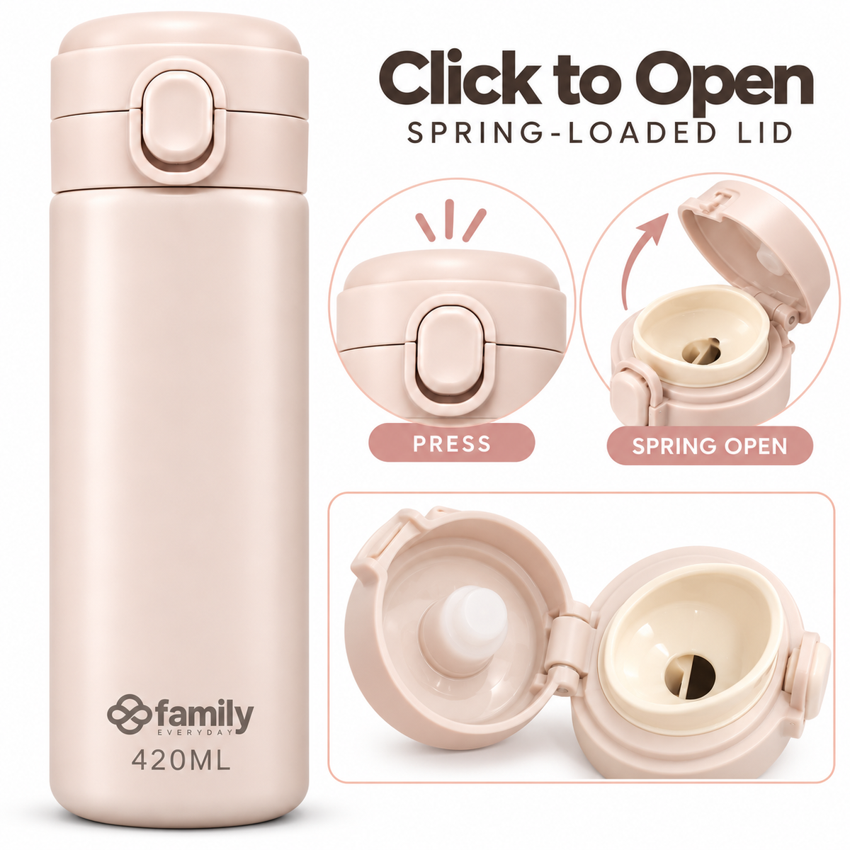 LITH 420ml Kids Insulated Water Bottle – Stainless Steel Flask with Push-Button Lid