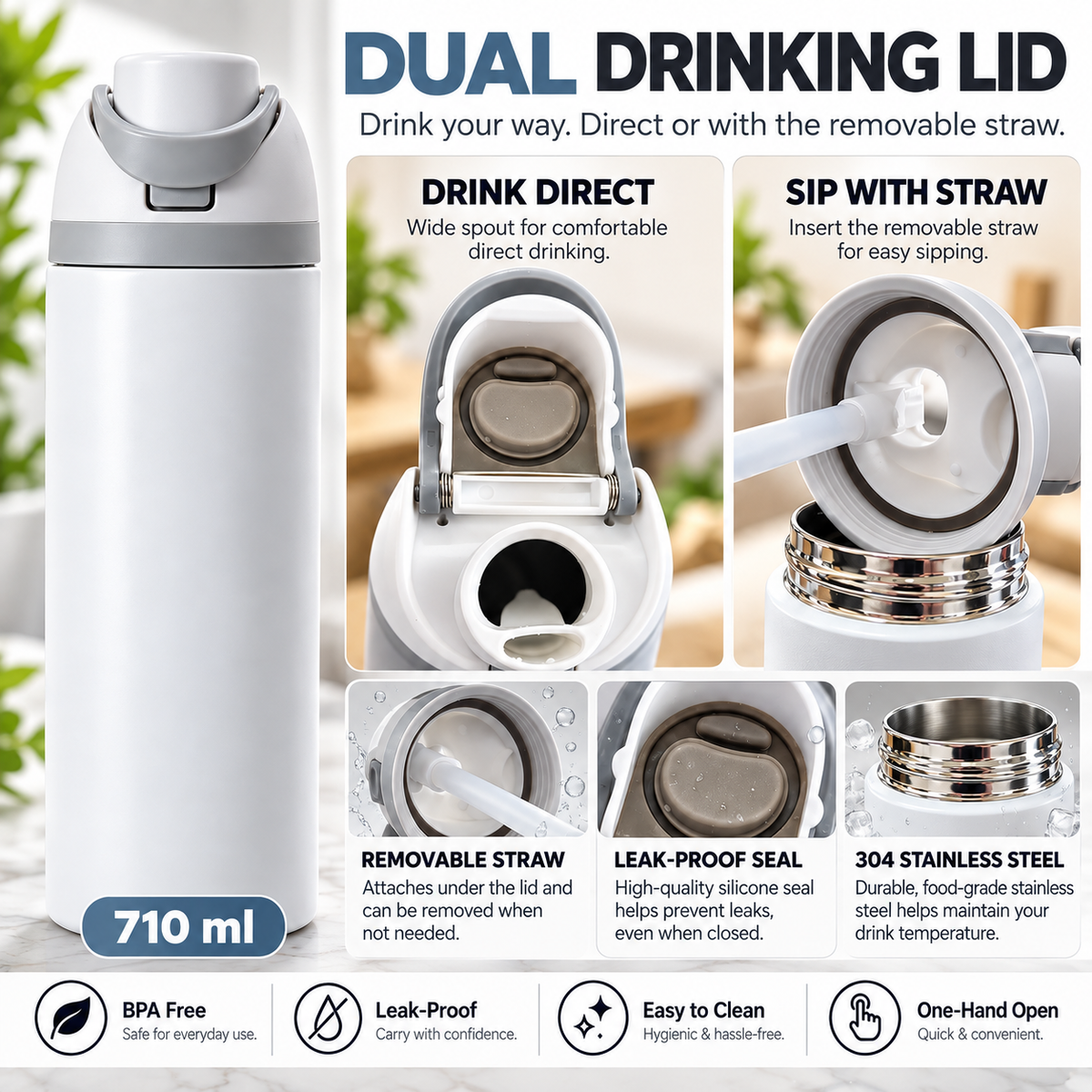 LITH 710ml sports water bottle in White – dual drinking lid with removable straw
