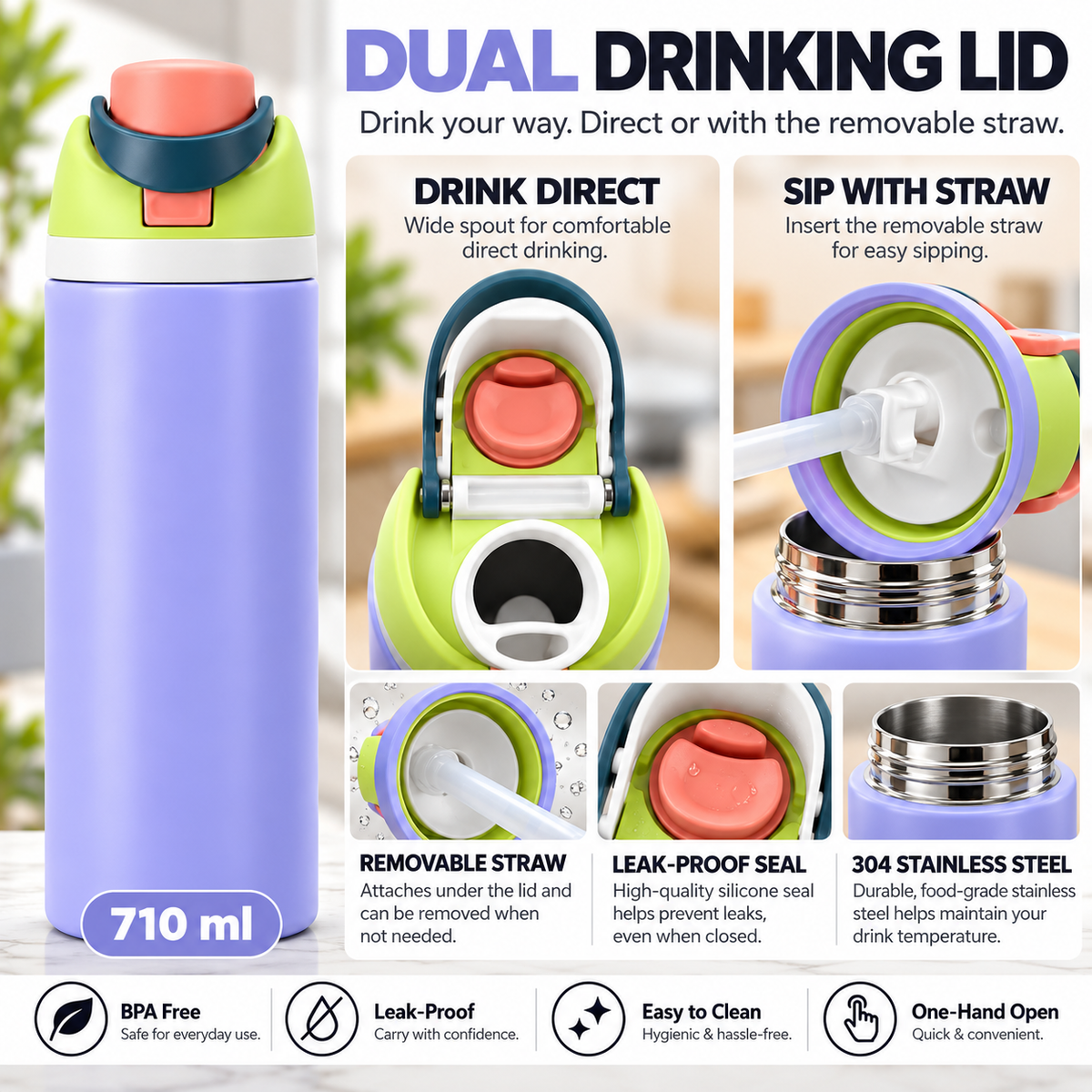 LITH 710ml sports water bottle in Purple – dual drinking lid with removable straw