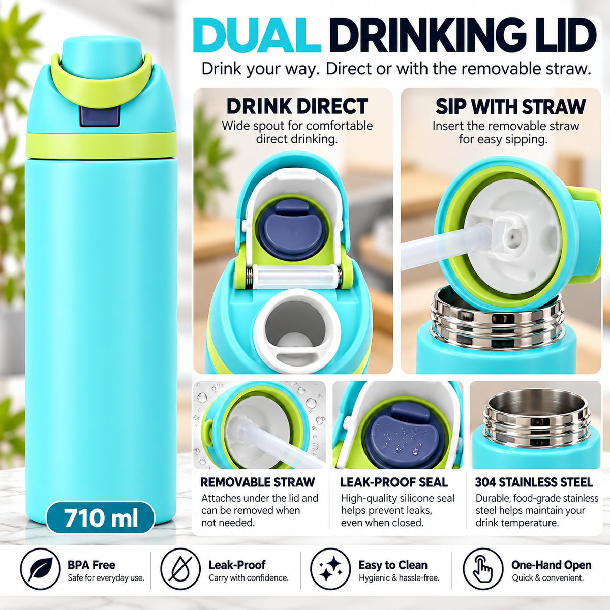 LITH 710ml sports water bottle in Green – dual drinking lid with removable straw