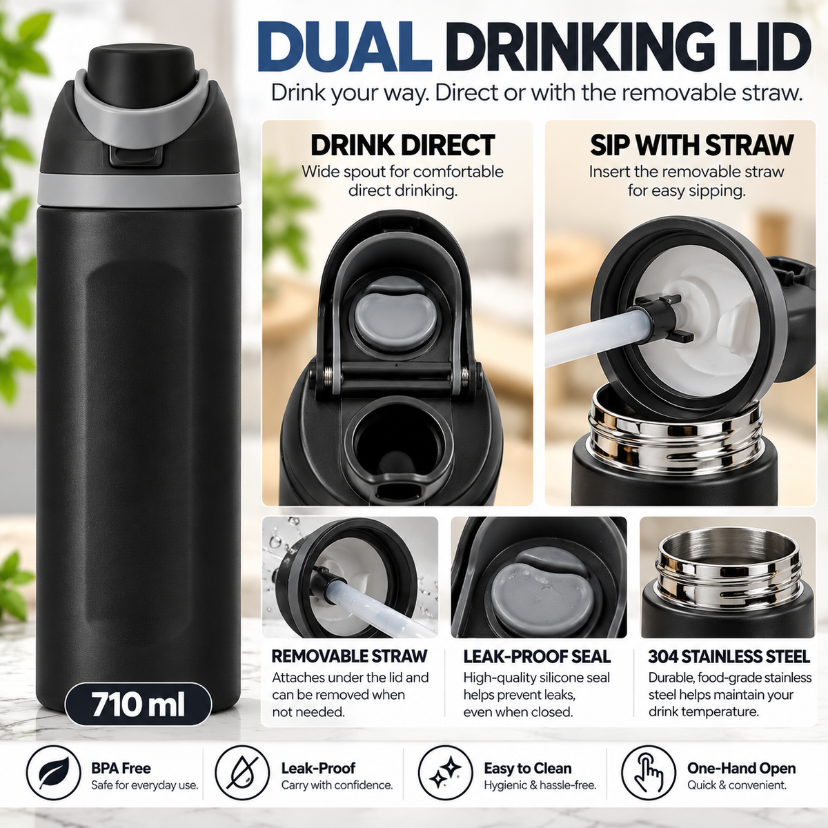 LITH 710ml sports water bottle in Black – dual drinking lid with removable straw