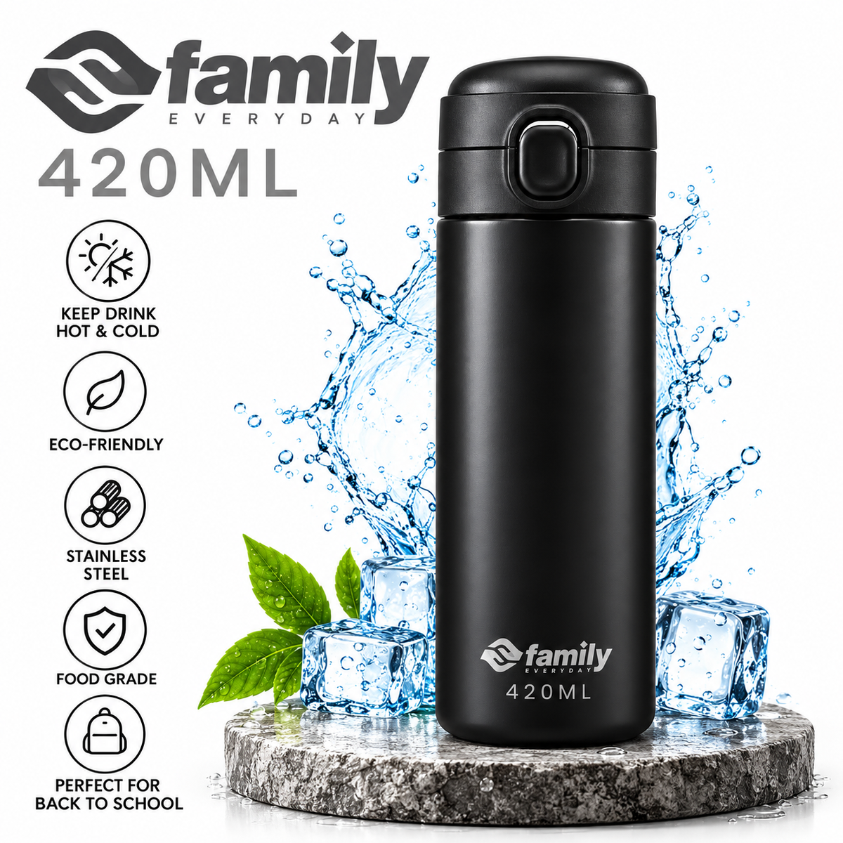 LITH 420ml Kids Insulated Water Bottle – Stainless Steel Flask with Push-Button Lid