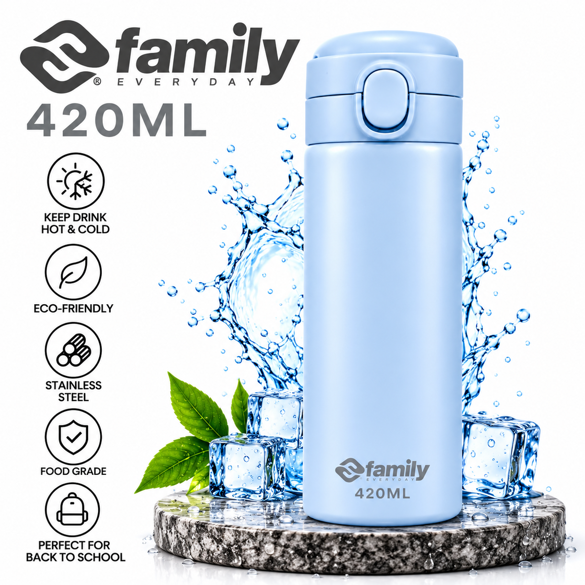 LITH 420ml Kids Insulated Water Bottle – Stainless Steel Flask with Push-Button Lid
