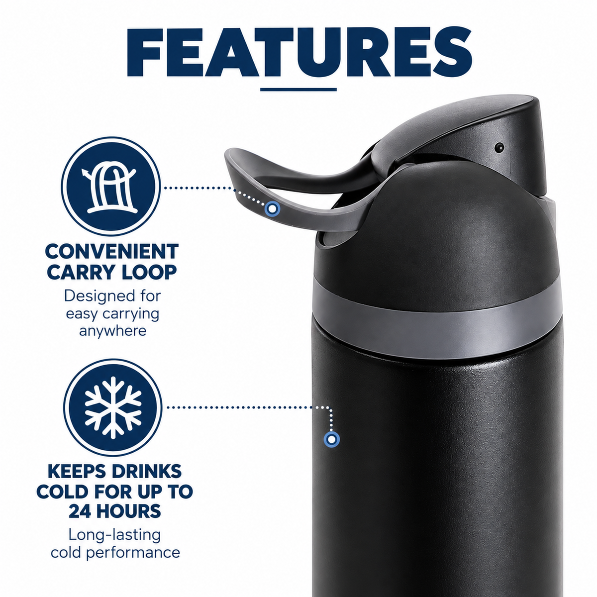 LITH 710ml sports water bottle in Black – carry loop and keeps drinks cold for 24 hours