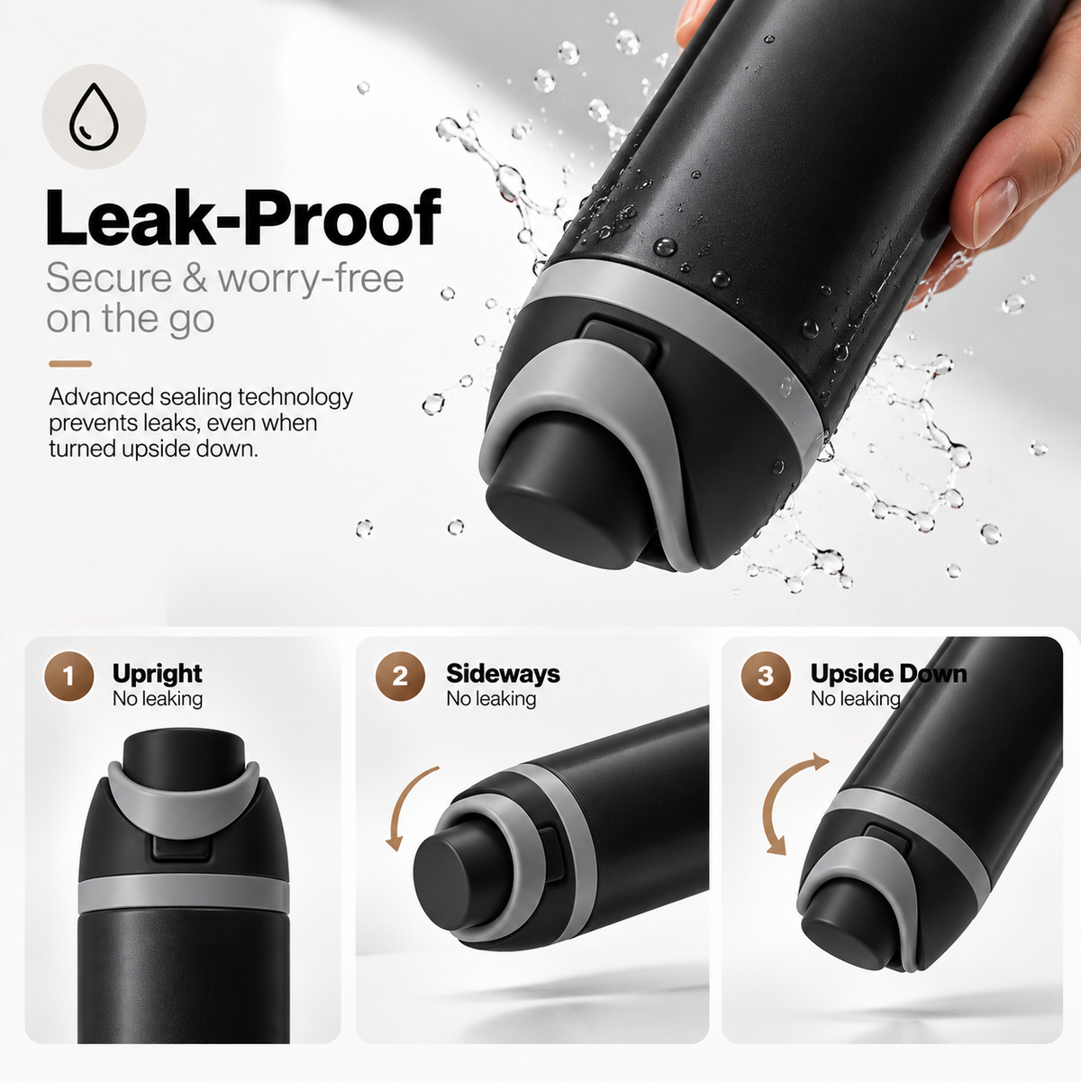 LITH 710ml sports water bottle in Black – leak-proof upright, sideways and upside down