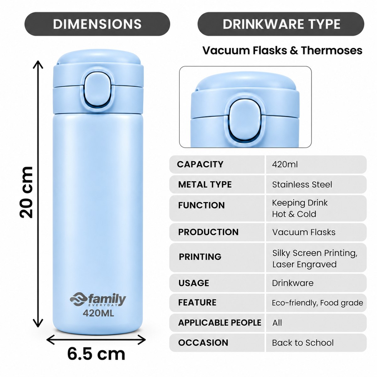 LITH 420ml Kids Insulated Water Bottle – Stainless Steel Flask with Push-Button Lid