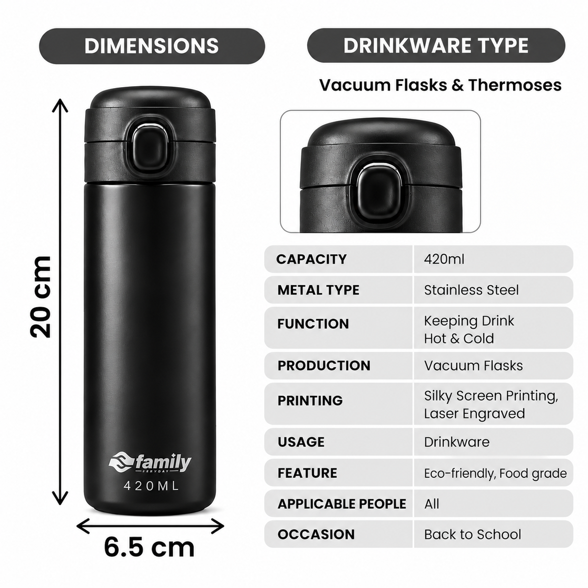 LITH 420ml Kids Insulated Water Bottle – Stainless Steel Flask with Push-Button Lid
