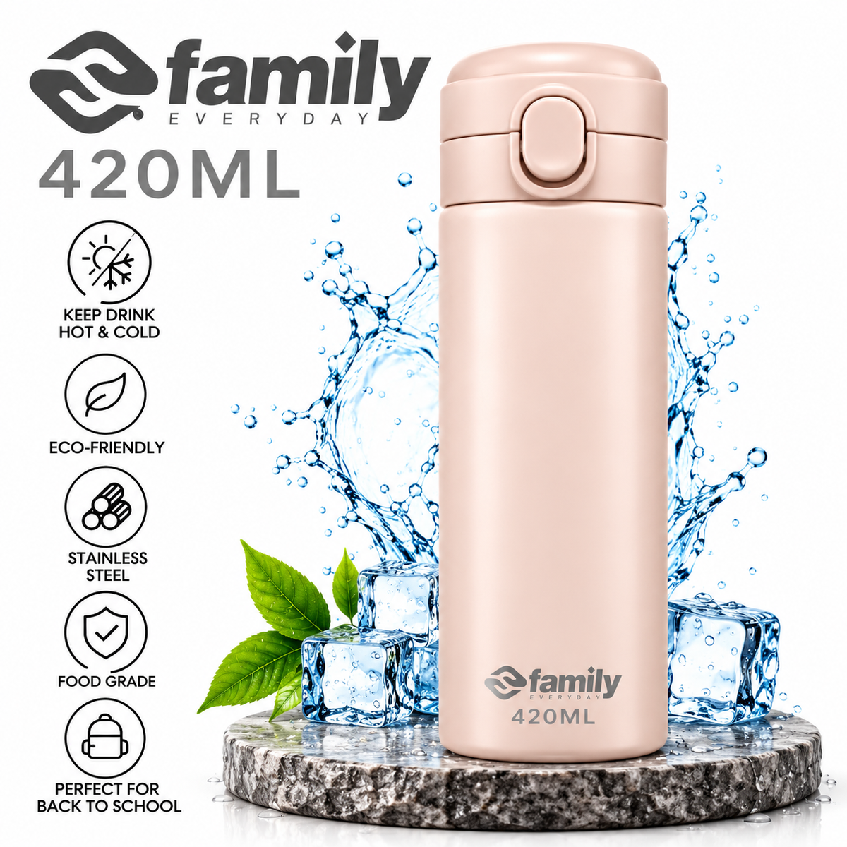 LITH 420ml Kids Insulated Water Bottle – Stainless Steel Flask with Push-Button Lid