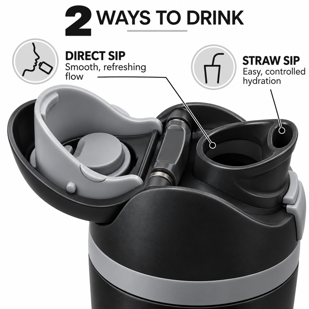 LITH 710ml sports water bottle in Black – two ways to drink – direct sip or straw