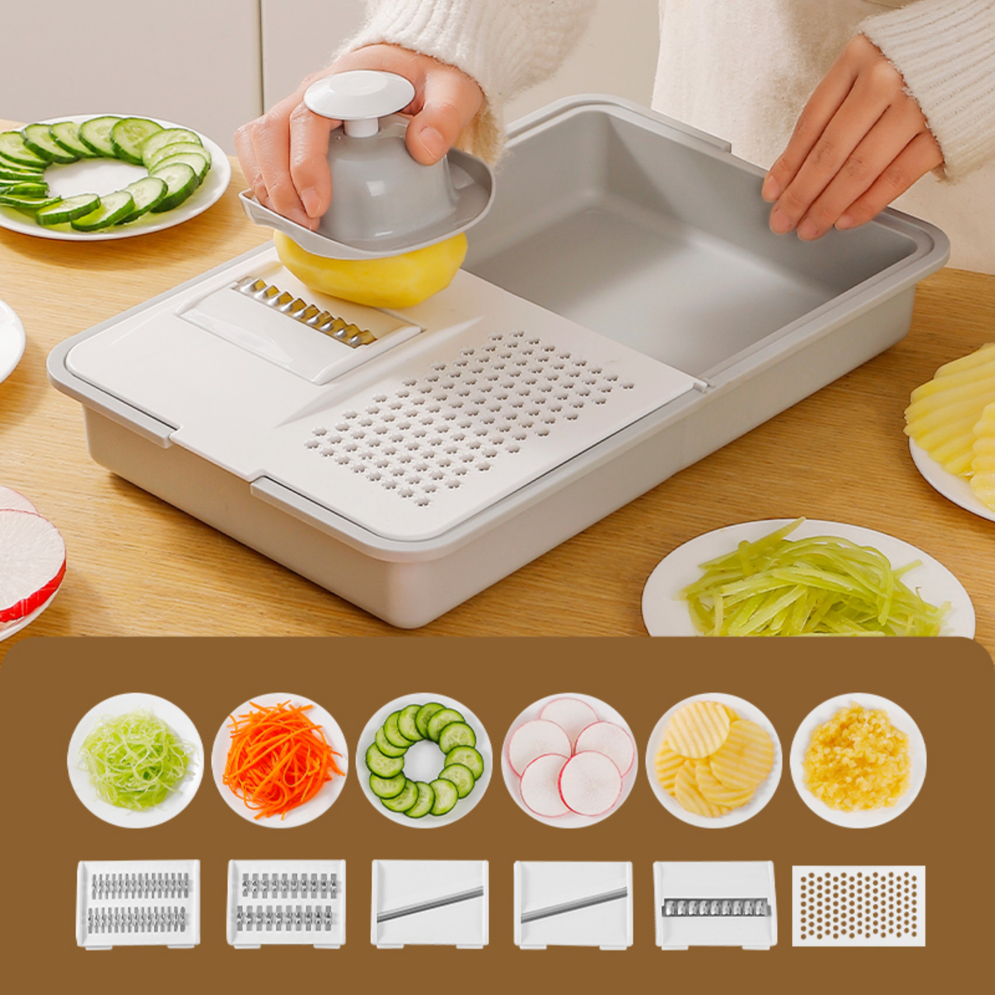 8-Piece Multifunctional Vegetable Chopper with Container – Adjustable Stainless Steel Blades, Drain Basket & Cutting Board (Grey + White)
