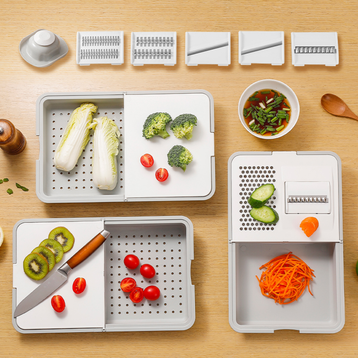 8-Piece Multifunctional Vegetable Chopper with Container – Adjustable Stainless Steel Blades, Drain Basket & Cutting Board (Grey + White)