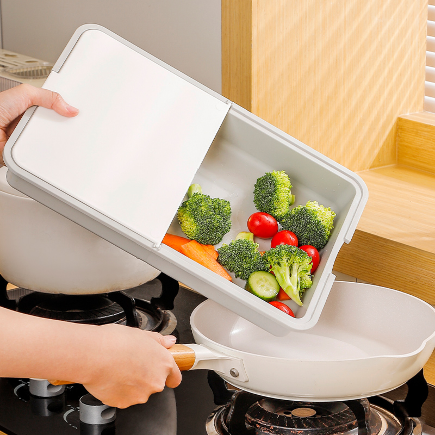 8-Piece Multifunctional Vegetable Chopper with Container – Adjustable Stainless Steel Blades, Drain Basket & Cutting Board (Grey + White)