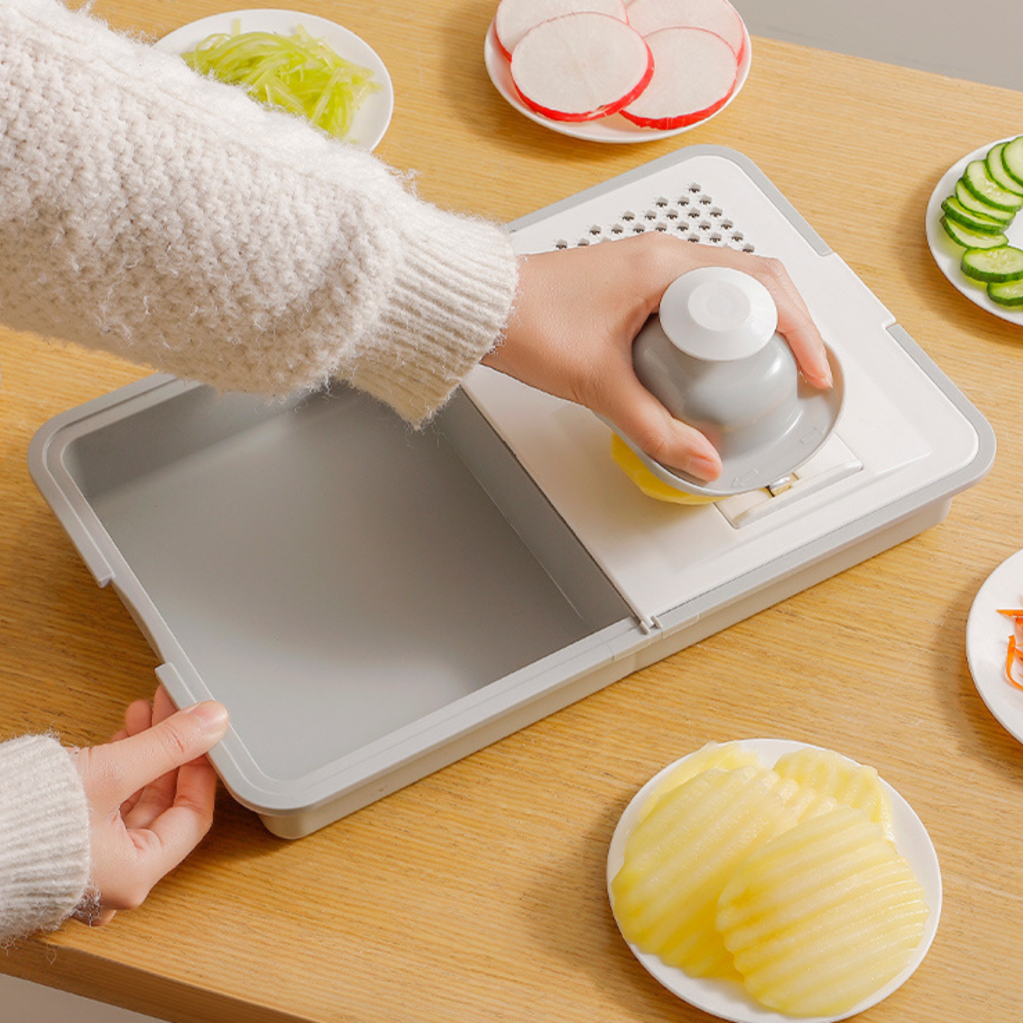 8-Piece Multifunctional Vegetable Chopper with Container – Adjustable Stainless Steel Blades, Drain Basket & Cutting Board (Grey + White)