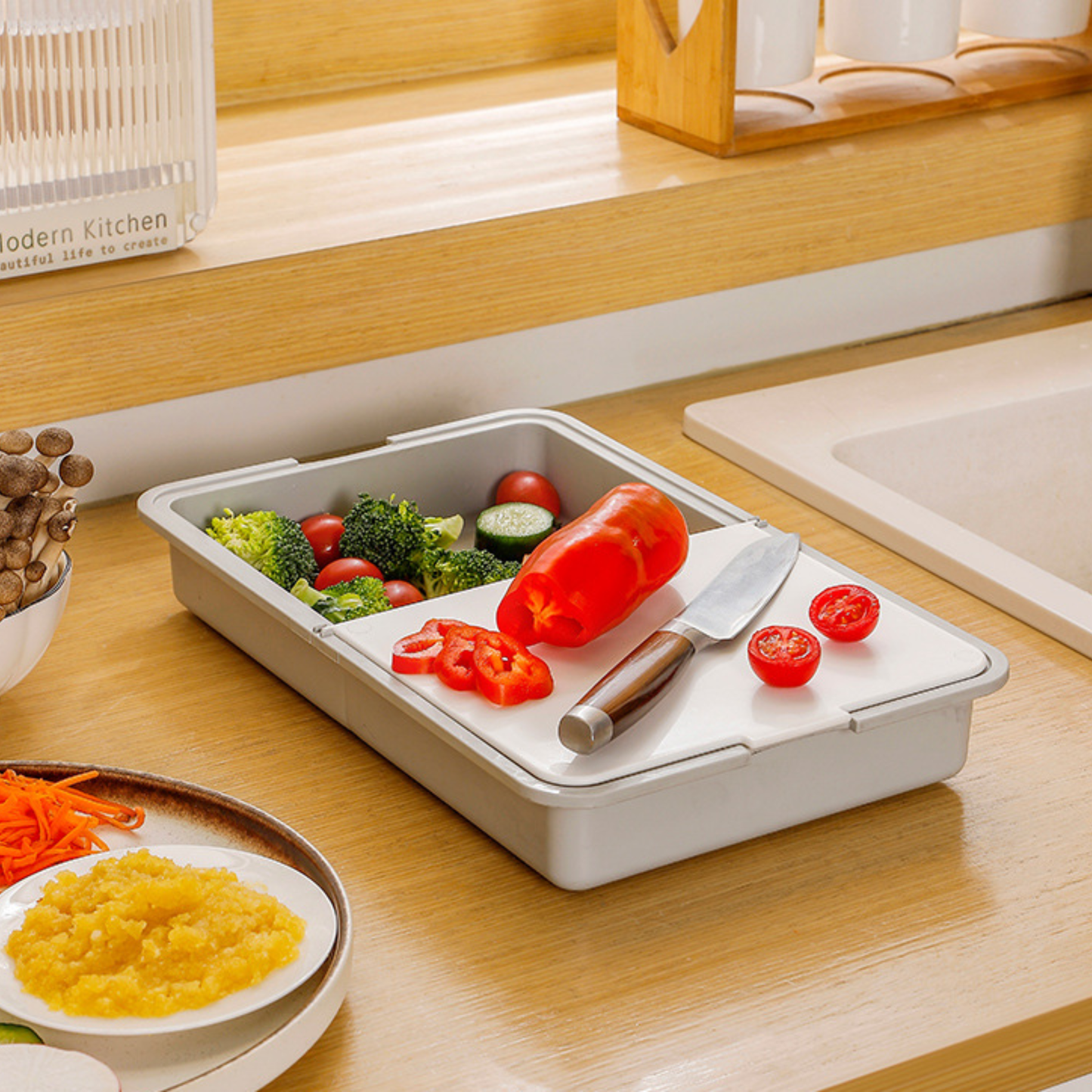 8-Piece Multifunctional Vegetable Chopper with Container – Adjustable Stainless Steel Blades, Drain Basket & Cutting Board (Grey + White)